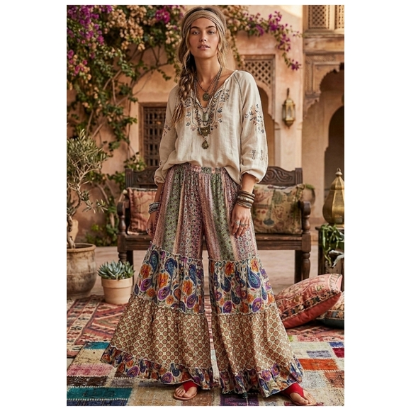 POL Pants - POL Boho Wide-Leg Palazzo Patchwork Pants - Beige, Green & Multicolor